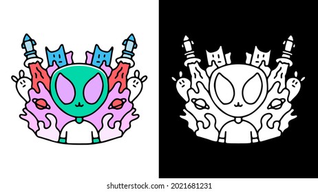 Alien with animals and rocket illustration. Vector graphics for t-shirt prints and other uses.