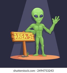 Alien At Area 51 Road Sign Cartoon Illustration Vector