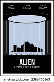 alien art simple eps flat earth eco natural disaster movie poster postcard in modern retro vintage creative style. Event that will shake the world at the end of day time, will fall, end civilization