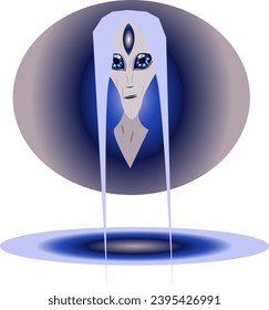 Alien astral being with large beautiful blue eyes and long hair with the eye of knowledge, born from energy.Vector graphics isolated on a white background