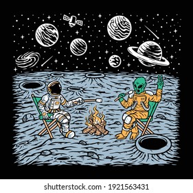 Alien and astronaut burning marshmallows illustration