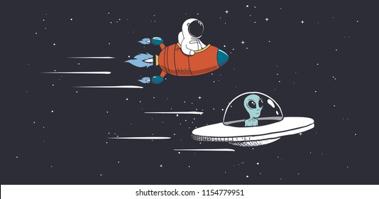Alien and astronaut are engaged in races in outer space.Vector illustration