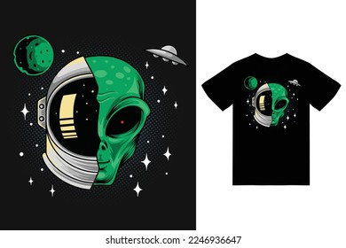 Alien and astronaut helmet illustration with tshirt design premium vector the Concept of Isolated Technology. Flat Cartoon Style Suitable for Landing Web Pages, Banners, Flyers, Stickers, Cards