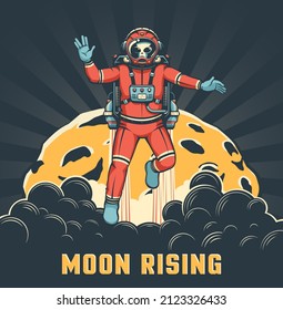 Alien astronaut with jetpack flies around the moon. Vector image. Spaceman in space suit with vulcan salute gesture. Retro space poster.
