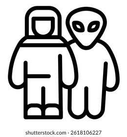 Alien with astronaut line icon, cosmos concept. Vector graphics. Spaceman human and humanoid alien sign on white background, style mobile or design