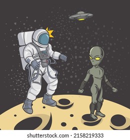 Alien and astronaut on Moon. Space. Vector illustration