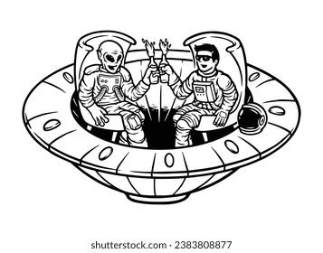 alien and astronaut relaxing together in ufo line illustration