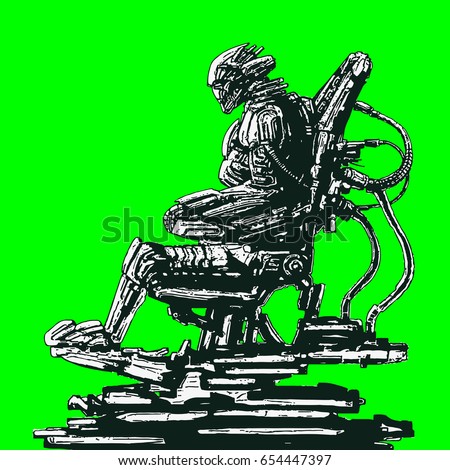 Alien astronaut sits in suit on iron chair. Science fiction original character. Vector illustration.