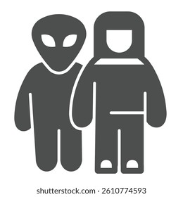Alien with astronaut solid icon, cosmos concept. Vector graphics. Spaceman human and humanoid alien sign on white background, glyph style icon for mobile or web design