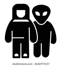 Alien with astronaut solid icon, cosmos concept. Vector graphics. Spaceman human and humanoid alien sign on white background, style mobile or design