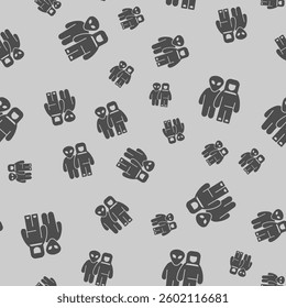 Alien with astronaut solid seamless pattern, cosmos theme. Vector graphics. Spaceman human and humanoid alien sign background, filled with glyphs icon