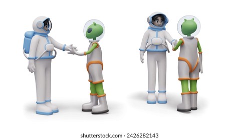 Alien and astronaut in space suit shake hands. Contact with another civilization