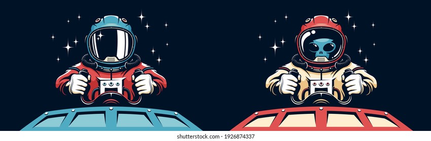 Alien astronaut in spacesuit driving flying saucer. Spaceman on space shuttle. Vector retro illustration.