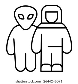 Alien com ícone de linha fina de astronauta, conceito de cosmos. Gráficos vetoriais. Spaceman humano e humanoide sinal alienígena no fundo branco, estilo móvel ou design