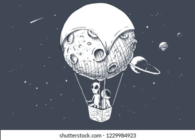 alien and astronaut travels by on aerostat and exploring the universe. Space voyagers.Vector illustration