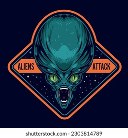 Alien attack colorful vintage logotype with green martian head screaming and showing fangs to threaten humans vector illustration