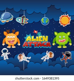 Alien attack poster design with aliens and astronauts illustration