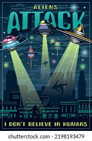 Alien attack vintage poster colorful UFOs abduct people from city streets with laser light from space flying saucers vector illustration