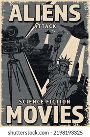 Alien attack vintage poster monochrome invitation to watch sci-fi movies about UFO invasion of New York City vector illustration