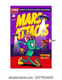 Alien Attacks. Spooky Halloween Cartoon Character Illustration.