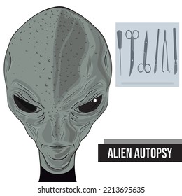 Alien autopsy, operating instruments, operating table.	