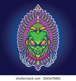 Alien Aztec Indian Space Vector illustrations for your work Logo, mascot merchandise t-shirt, stickers and Label designs, poster, greeting cards advertising business company or brands.