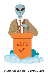 alien balloting as president or deputy, isolated extraterrestrial creature wearing formalwear and talking in microphone. Conspiracy theories and beliefs of people. Vector in flat style illustration