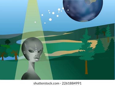 Alien with a beam of light around him stands in front of a green valley.