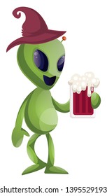 Alien with beer, illustration, vector on white background.