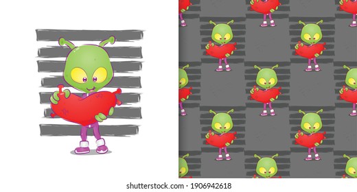 The alien with the big head holding the heart virus on the pattern set of illustration