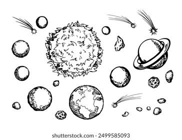 Alien gran orbe girar cuerpo redondo anillo exterior línea de la mosca Web de investigación astro luna círculo gravedad energía cosmos mundo cielo concepto de viaje Negro dibujado a mano esquema retro doodl cómic sketch estilo de arte