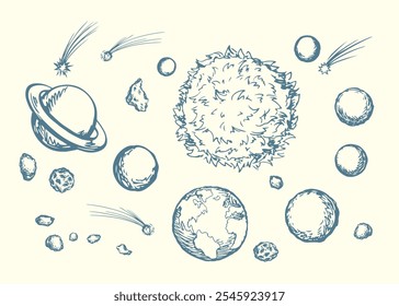 Alien gran orbe girar cuerpo redondo anillo exterior línea de la mosca Web de investigación astro luna círculo gravedad energía cosmos mundo cielo concepto de viaje Negro dibujado a mano esquema retro doodl cómic sketch estilo de arte