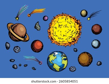 Alien big orb rotat round body outer ring belt fly line web research astro moon circle gravity energy cosmo world sky travel concept Black hand drawn outline retro doodl comic cartoon sketch art style