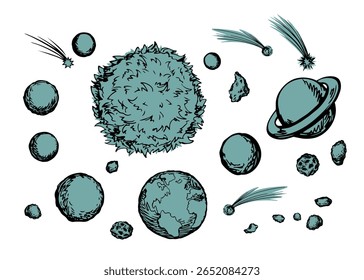 Alien grande orbe rotat corps rond ceinture d'anneau extérieur ligne de mouche web recherche astro cercle de lune gravitation énergie cosmo monde ciel voyage concept noir dessiné à la main contour rétro doodl dessin animé croquis art style