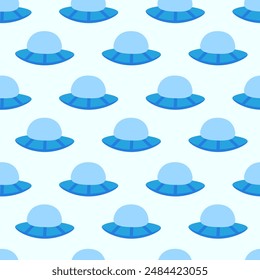 Alien blue spaceship, spacecrafts and UFO Seamless Pattern. Cosmic ship in form saucer for transportation. Children design. Vector cartoon flat illustration.