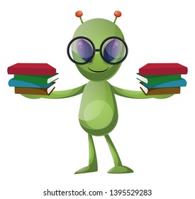Alien con libros, ilustración, vector sobre fondo blanco.