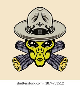 Alien boy scout character with two crossed flashlights colorful vector illustration in cartoon style isolated on light background