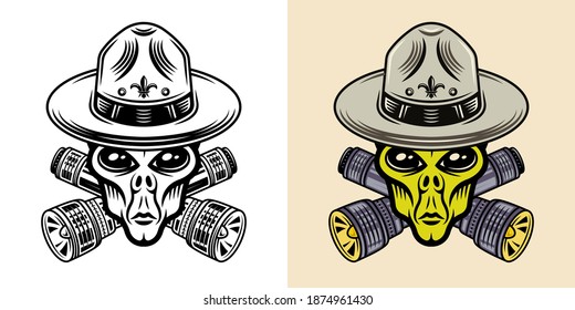 Alien boy scout with crossed flashlights two styles black on white and colorful on dark background vector illustration