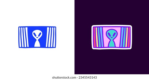 Alien in broken screen, illustration for logo, t-shirt, sticker, or apparel merchandise. With doodle, retro, groovy, and cartoon style.