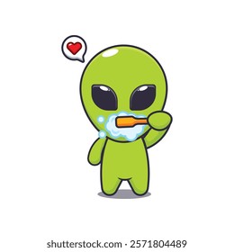 alien brushing teeth. mascot cartoon character vector illustration. design element for poster, brochure, web, mascot, sticker, logo and icon.