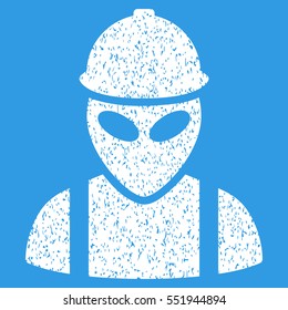 Alien Builder grainy textured icon for overlay watermark stamps. Flat symbol with dust texture. Dotted vector white ink rubber seal stamp with grunge design on a blue background.