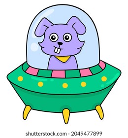 conejo alienígena vuela sobre una nave espacial, ilustración vectorial art. doodle imagen kawaii.