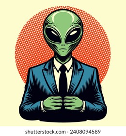 alien businessman wearing a suit pop art retro vector illustration