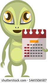 Alien with calendar, illustration, vector on white background.