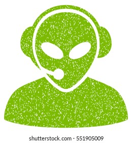 Alien Call Center grainy textured icon for overlay watermark stamps. Flat symbol with dust texture. Dotted vector eco green ink rubber seal stamp with grunge design on a white background.