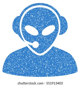 Alien Call Center grainy textured icon for overlay watermark stamps. Flat symbol with scratched texture. Dotted vector cobalt ink rubber seal stamp with grunge design on a white background.