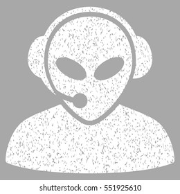 Alien Call Center grainy textured icon for overlay watermark stamps. Flat symbol with dirty texture. Dotted vector white ink rubber seal stamp with grunge design on a silver background.