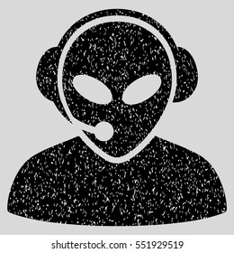 Alien Call Center grainy textured icon for overlay watermark stamps. Flat symbol with unclean texture. Dotted vector black ink rubber seal stamp with grunge design on a light gray background.