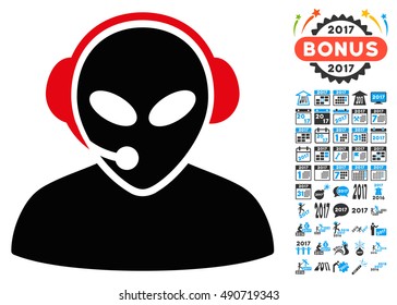 Alien Call Center icon with 2017 year bonus vector pictographs. Clipart style is flat symbols, white background.