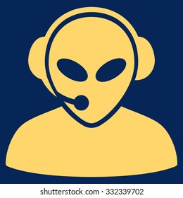 Alien Call Center vector icon. Style is flat yellow symbol, rounded angles, blue background.